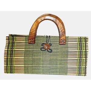 Vintage 60s Woven Bamboo Straw Wood Handle Handbag Rectangle Purse